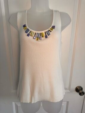 Ruby Rd Embellished Tank Top White Ribbed Sleeveless Beaded Neckline Size L